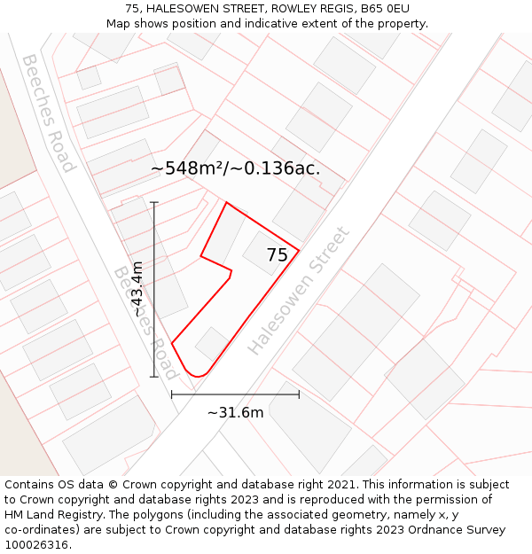 75, HALESOWEN STREET, ROWLEY REGIS, B65 0EU: Plot and title map
