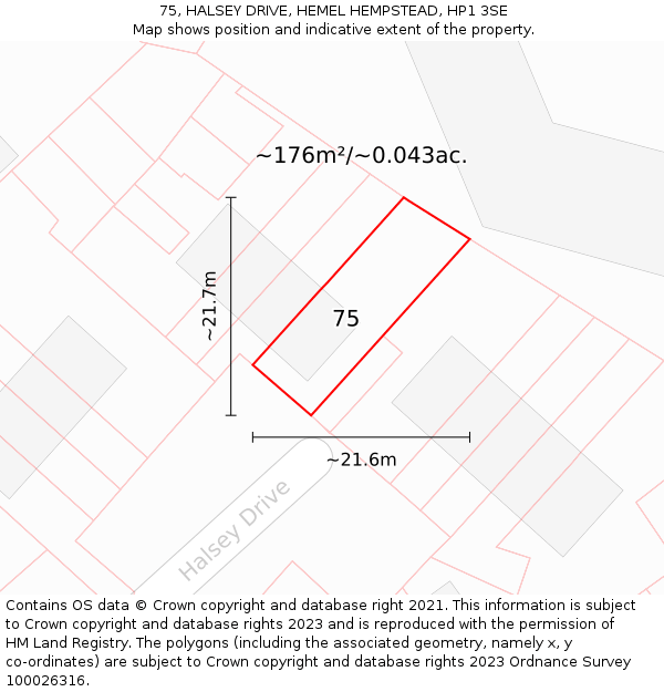 75, HALSEY DRIVE, HEMEL HEMPSTEAD, HP1 3SE: Plot and title map