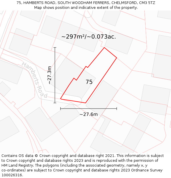 75, HAMBERTS ROAD, SOUTH WOODHAM FERRERS, CHELMSFORD, CM3 5TZ: Plot and title map