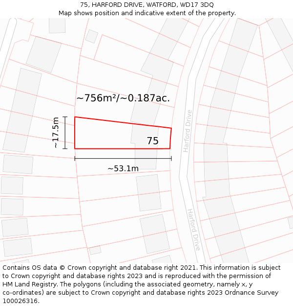 75, HARFORD DRIVE, WATFORD, WD17 3DQ: Plot and title map