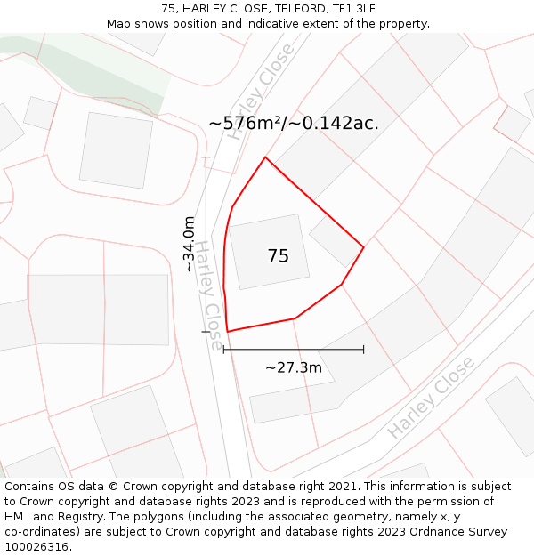 75, HARLEY CLOSE, TELFORD, TF1 3LF: Plot and title map