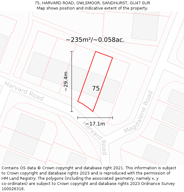 75, HARVARD ROAD, OWLSMOOR, SANDHURST, GU47 0UR: Plot and title map