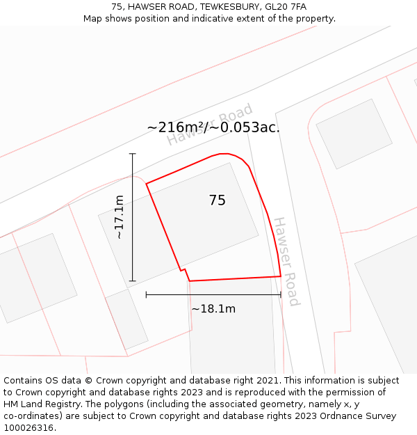 75, HAWSER ROAD, TEWKESBURY, GL20 7FA: Plot and title map