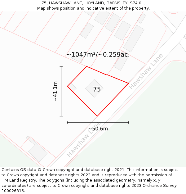 75, HAWSHAW LANE, HOYLAND, BARNSLEY, S74 0HJ: Plot and title map