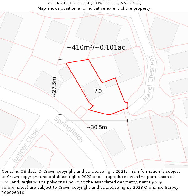 75, HAZEL CRESCENT, TOWCESTER, NN12 6UQ: Plot and title map