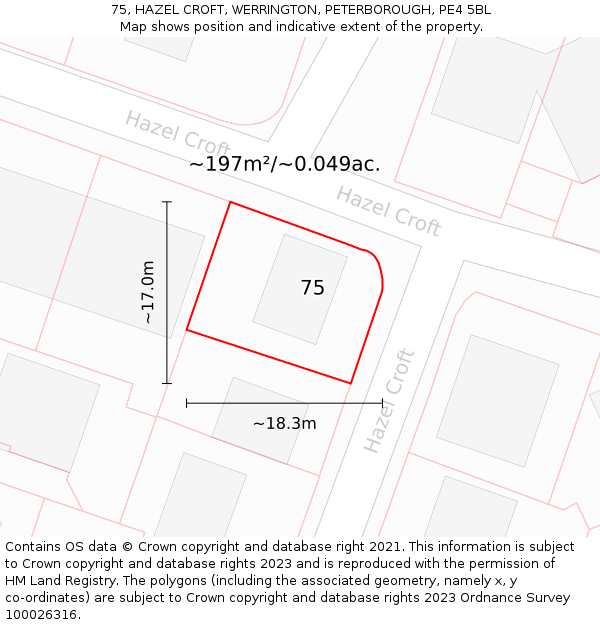 75, HAZEL CROFT, WERRINGTON, PETERBOROUGH, PE4 5BL: Plot and title map