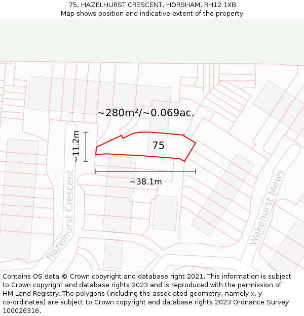 75, HAZELHURST CRESCENT, HORSHAM, RH12 1XB: Plot and title map