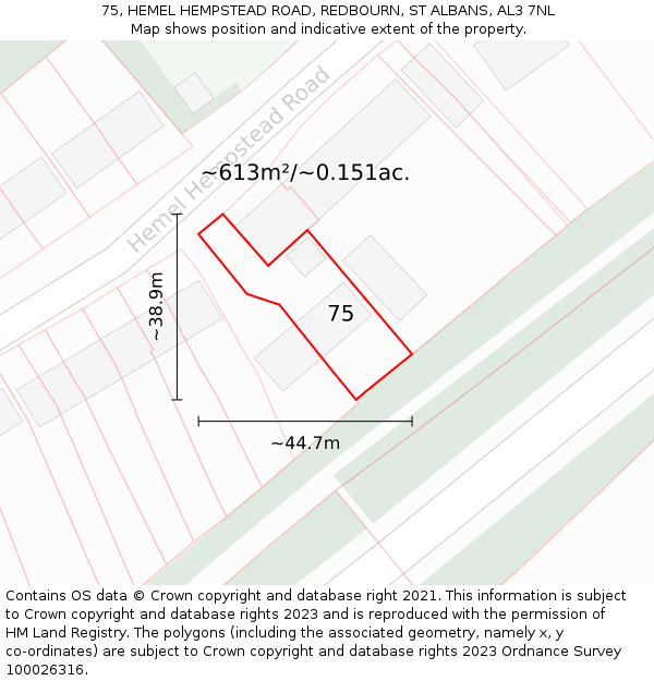 75, HEMEL HEMPSTEAD ROAD, REDBOURN, ST ALBANS, AL3 7NL: Plot and title map
