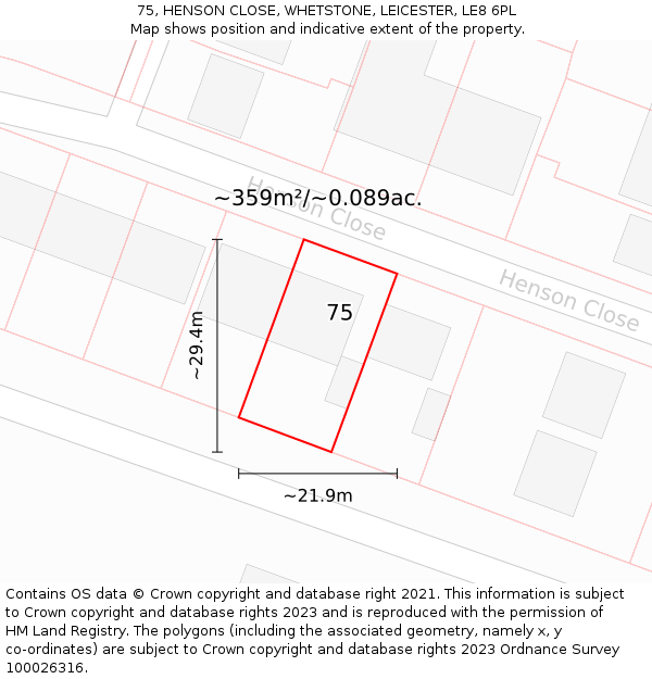 75, HENSON CLOSE, WHETSTONE, LEICESTER, LE8 6PL: Plot and title map