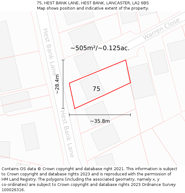 75, HEST BANK LANE, HEST BANK, LANCASTER, LA2 6BS: Plot and title map