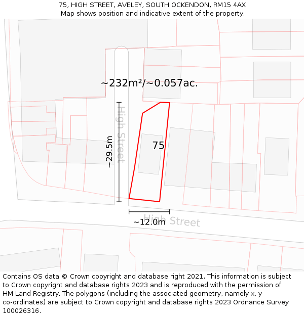 75, HIGH STREET, AVELEY, SOUTH OCKENDON, RM15 4AX: Plot and title map