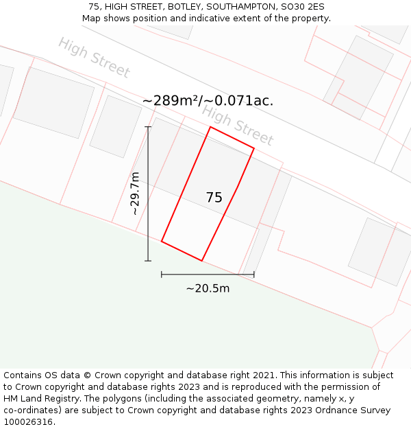 75, HIGH STREET, BOTLEY, SOUTHAMPTON, SO30 2ES: Plot and title map