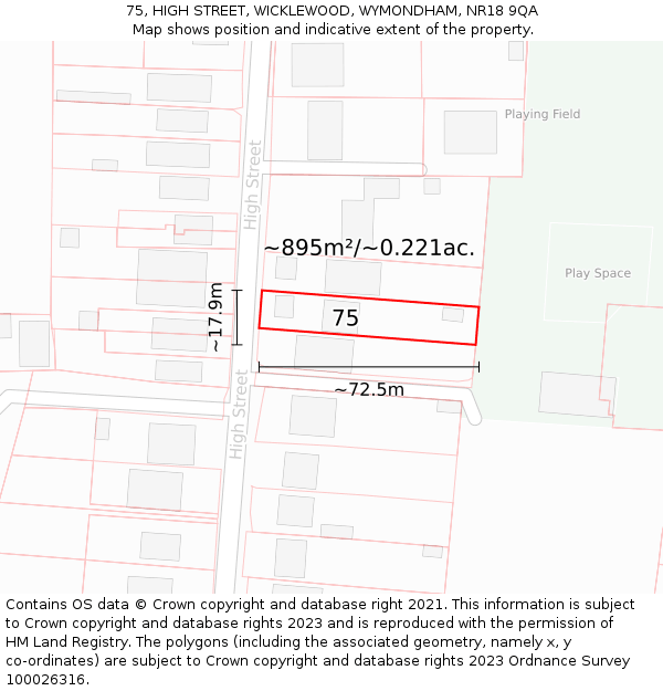 75, HIGH STREET, WICKLEWOOD, WYMONDHAM, NR18 9QA: Plot and title map