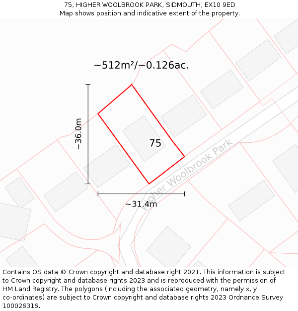 75, HIGHER WOOLBROOK PARK, SIDMOUTH, EX10 9ED: Plot and title map