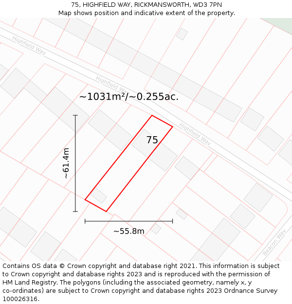 75, HIGHFIELD WAY, RICKMANSWORTH, WD3 7PN: Plot and title map
