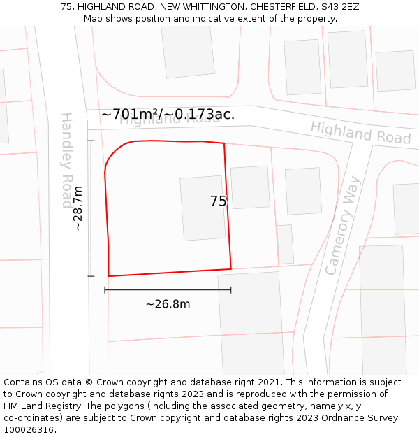 75, HIGHLAND ROAD, NEW WHITTINGTON, CHESTERFIELD, S43 2EZ: Plot and title map
