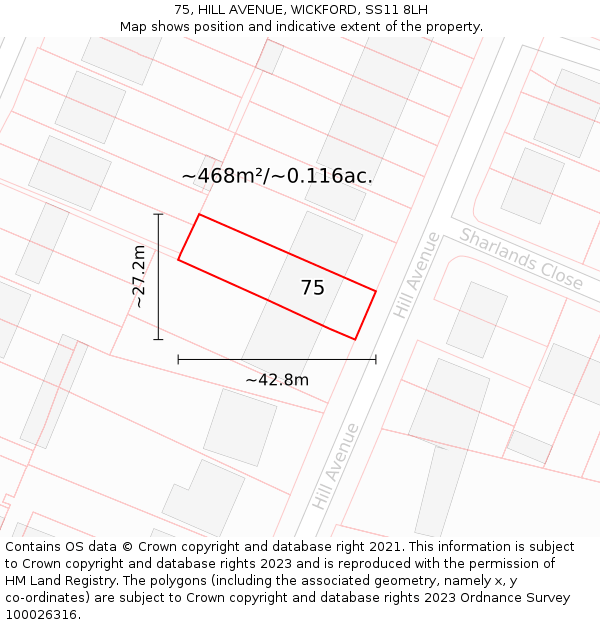 75, HILL AVENUE, WICKFORD, SS11 8LH: Plot and title map