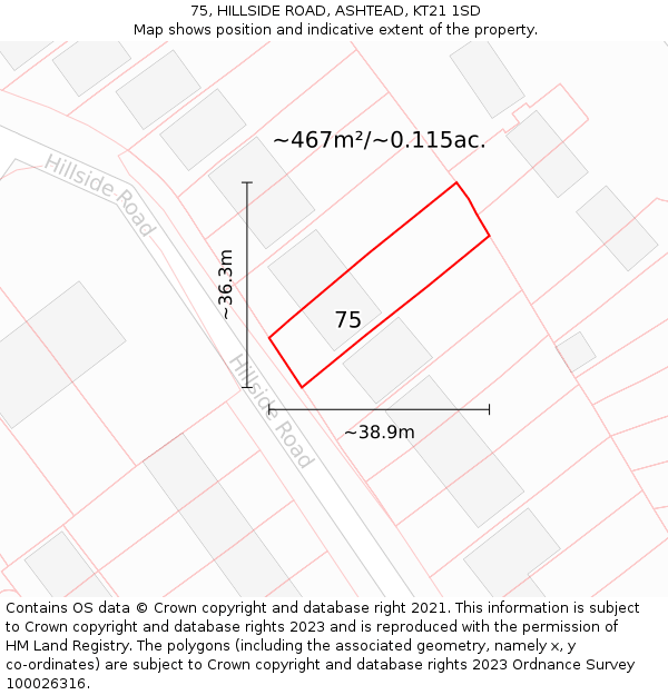 75, HILLSIDE ROAD, ASHTEAD, KT21 1SD: Plot and title map