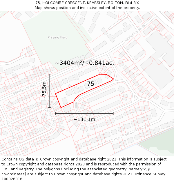 75, HOLCOMBE CRESCENT, KEARSLEY, BOLTON, BL4 8JX: Plot and title map