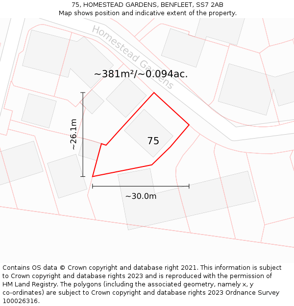 75, HOMESTEAD GARDENS, BENFLEET, SS7 2AB: Plot and title map
