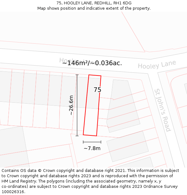 75, HOOLEY LANE, REDHILL, RH1 6DG: Plot and title map