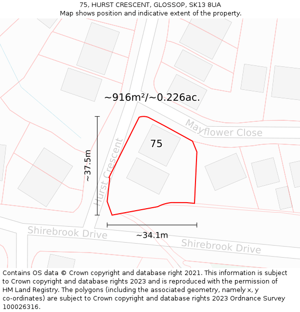 75, HURST CRESCENT, GLOSSOP, SK13 8UA: Plot and title map