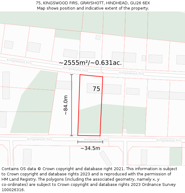 75, KINGSWOOD FIRS, GRAYSHOTT, HINDHEAD, GU26 6EX: Plot and title map