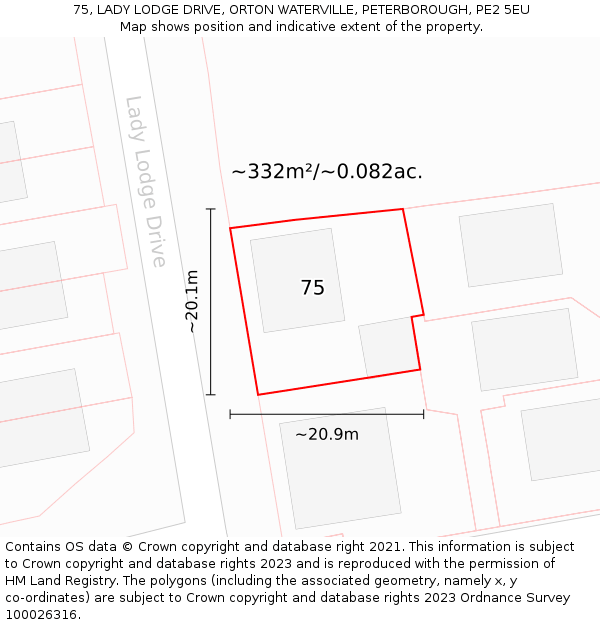 75, LADY LODGE DRIVE, ORTON WATERVILLE, PETERBOROUGH, PE2 5EU: Plot and title map