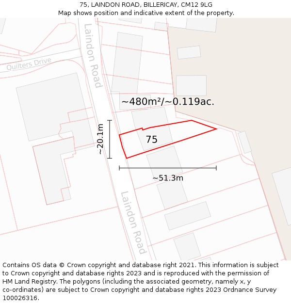 75, LAINDON ROAD, BILLERICAY, CM12 9LG: Plot and title map