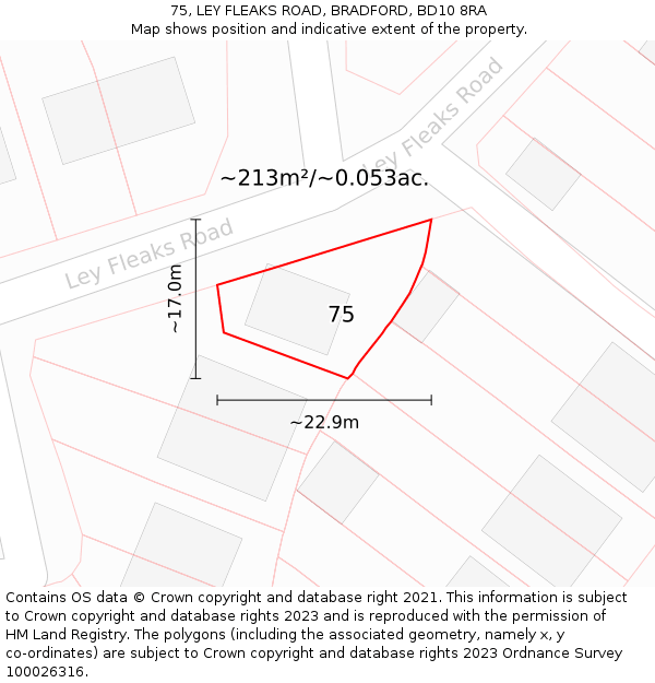 75, LEY FLEAKS ROAD, BRADFORD, BD10 8RA: Plot and title map