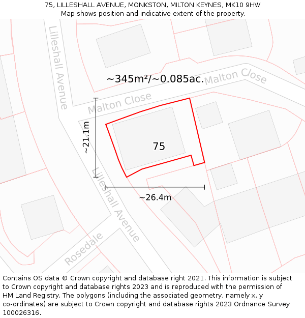 75, LILLESHALL AVENUE, MONKSTON, MILTON KEYNES, MK10 9HW: Plot and title map