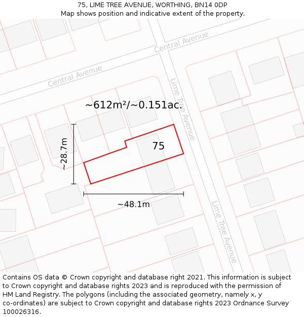 75, LIME TREE AVENUE, WORTHING, BN14 0DP: Plot and title map