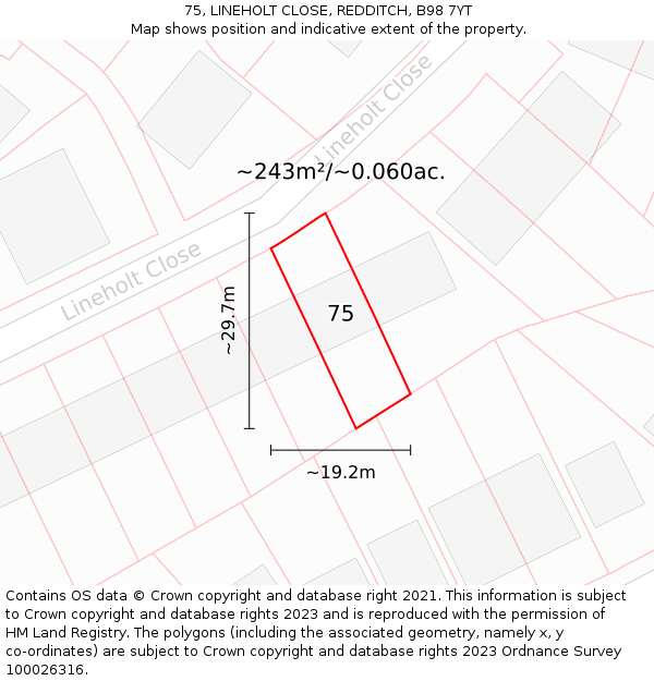 75, LINEHOLT CLOSE, REDDITCH, B98 7YT: Plot and title map