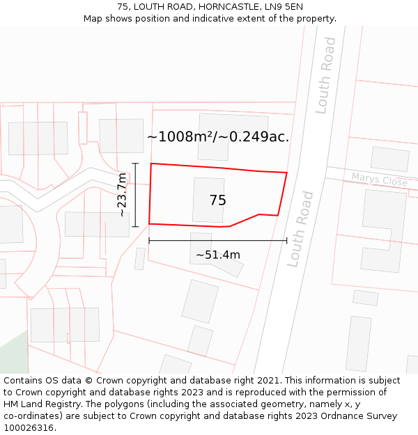 75, LOUTH ROAD, HORNCASTLE, LN9 5EN: Plot and title map