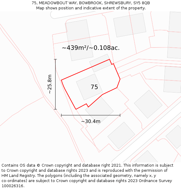 75, MEADOWBOUT WAY, BOWBROOK, SHREWSBURY, SY5 8QB: Plot and title map