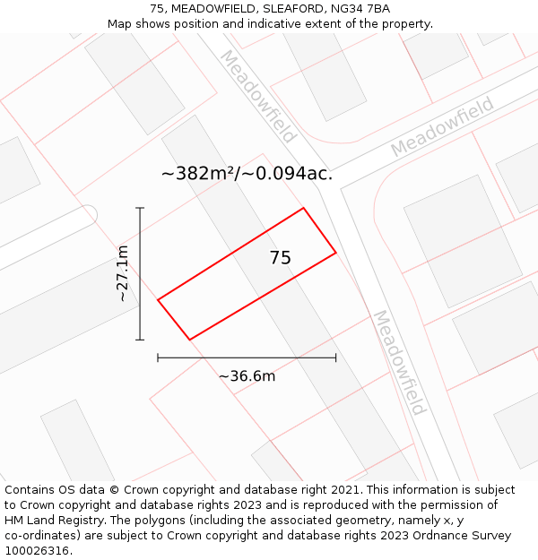 75, MEADOWFIELD, SLEAFORD, NG34 7BA: Plot and title map