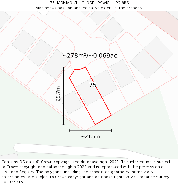 75, MONMOUTH CLOSE, IPSWICH, IP2 8RS: Plot and title map