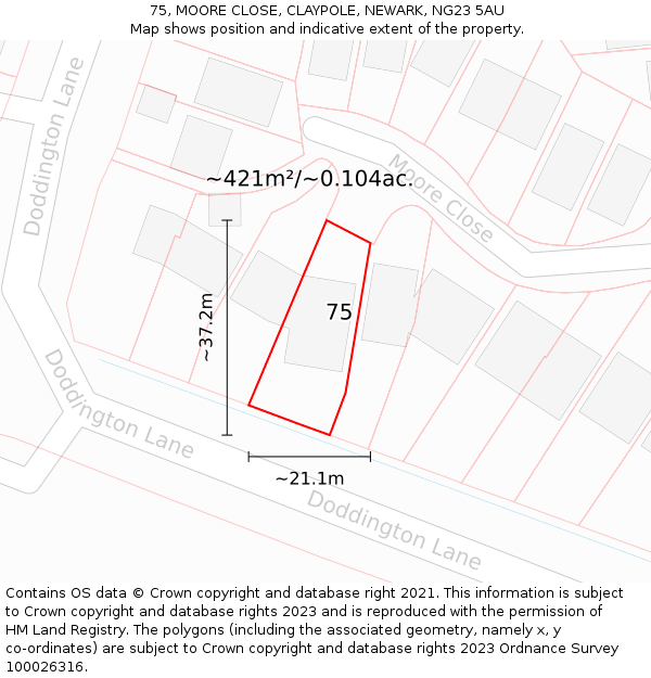 75, MOORE CLOSE, CLAYPOLE, NEWARK, NG23 5AU: Plot and title map