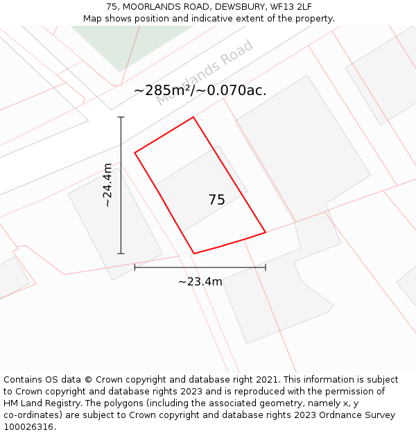 75, MOORLANDS ROAD, DEWSBURY, WF13 2LF: Plot and title map