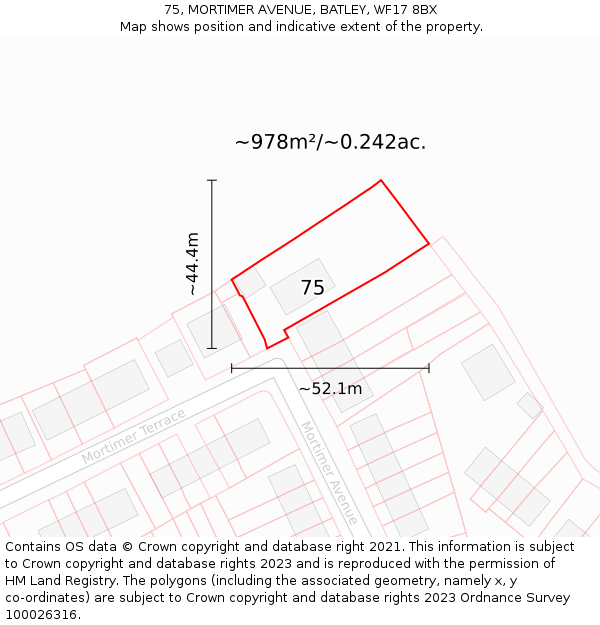 75, MORTIMER AVENUE, BATLEY, WF17 8BX: Plot and title map