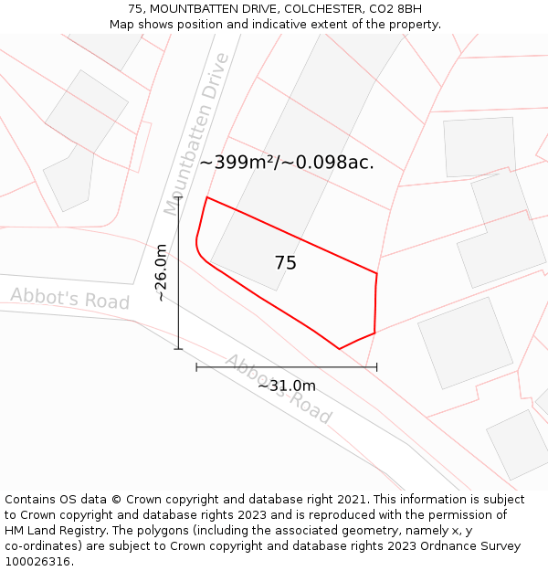 75, MOUNTBATTEN DRIVE, COLCHESTER, CO2 8BH: Plot and title map