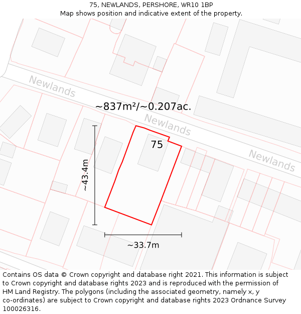 75, NEWLANDS, PERSHORE, WR10 1BP: Plot and title map
