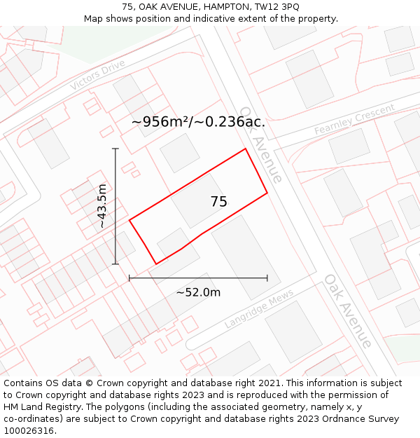 75, OAK AVENUE, HAMPTON, TW12 3PQ: Plot and title map