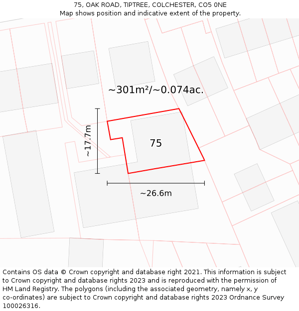 75, OAK ROAD, TIPTREE, COLCHESTER, CO5 0NE: Plot and title map