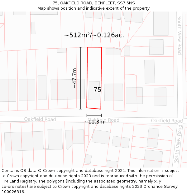 75, OAKFIELD ROAD, BENFLEET, SS7 5NS: Plot and title map