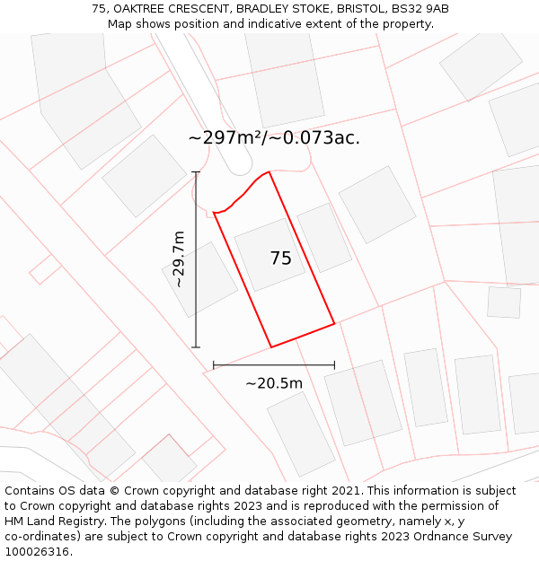 75, OAKTREE CRESCENT, BRADLEY STOKE, BRISTOL, BS32 9AB: Plot and title map