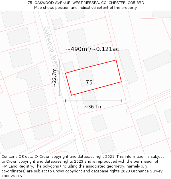 75, OAKWOOD AVENUE, WEST MERSEA, COLCHESTER, CO5 8BD: Plot and title map