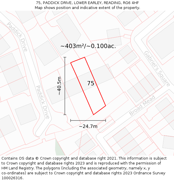 75, PADDICK DRIVE, LOWER EARLEY, READING, RG6 4HF: Plot and title map