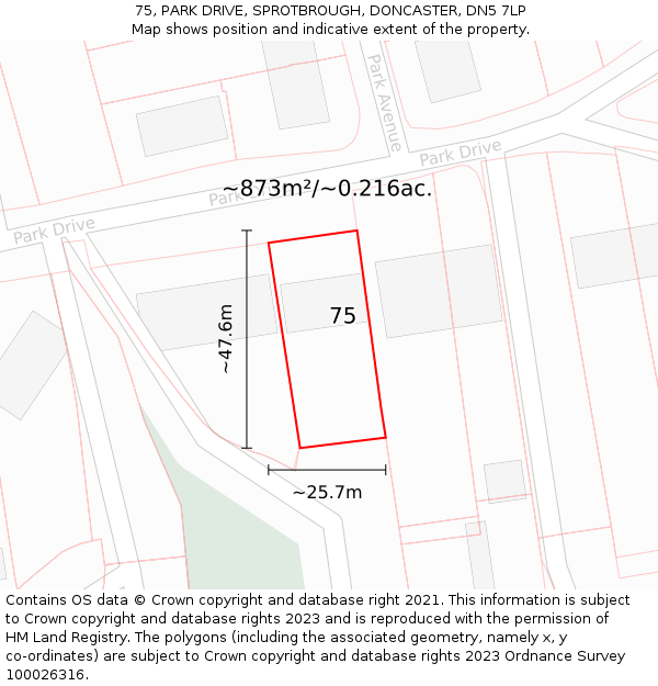 75, PARK DRIVE, SPROTBROUGH, DONCASTER, DN5 7LP: Plot and title map
