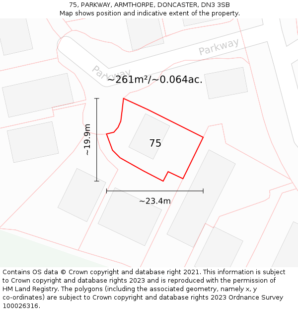 75, PARKWAY, ARMTHORPE, DONCASTER, DN3 3SB: Plot and title map